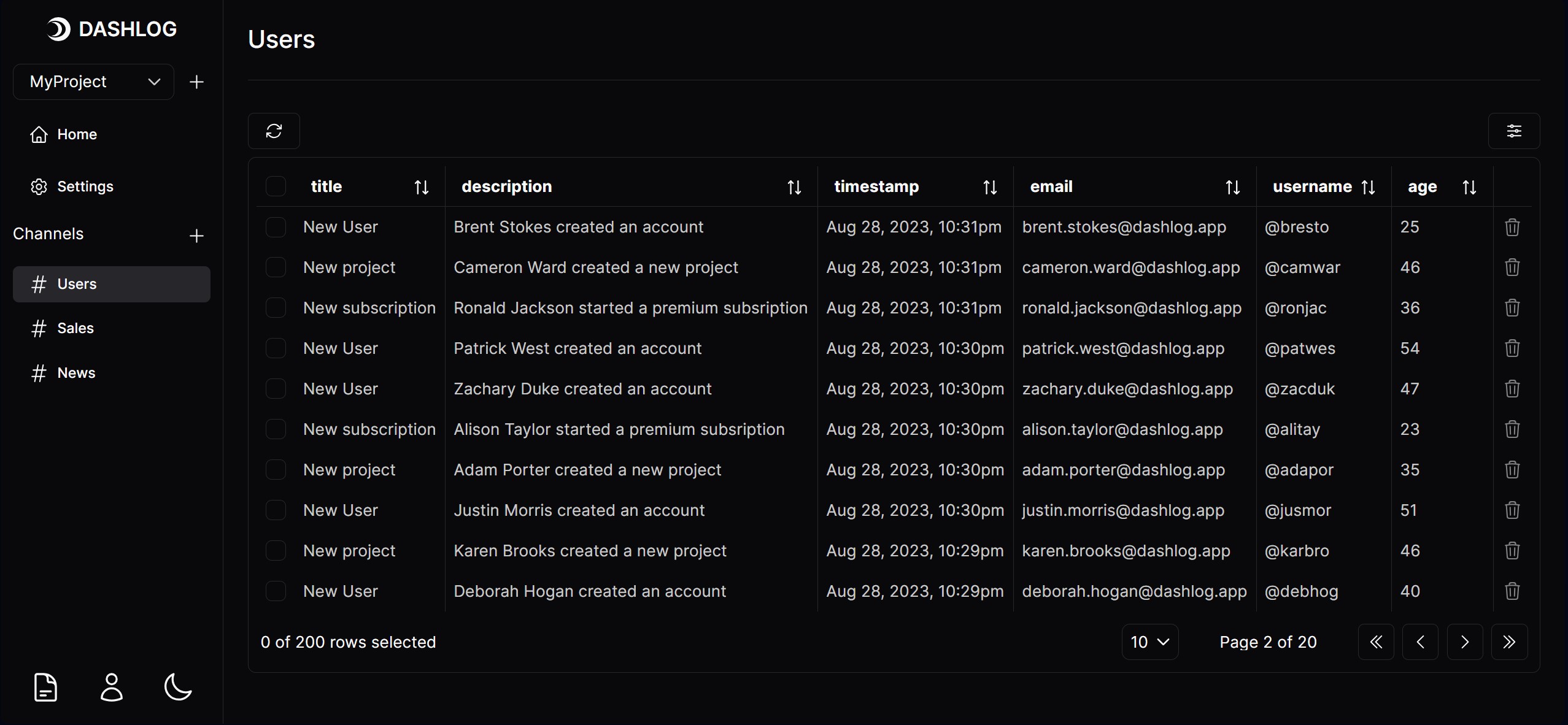 dashlog.app log table